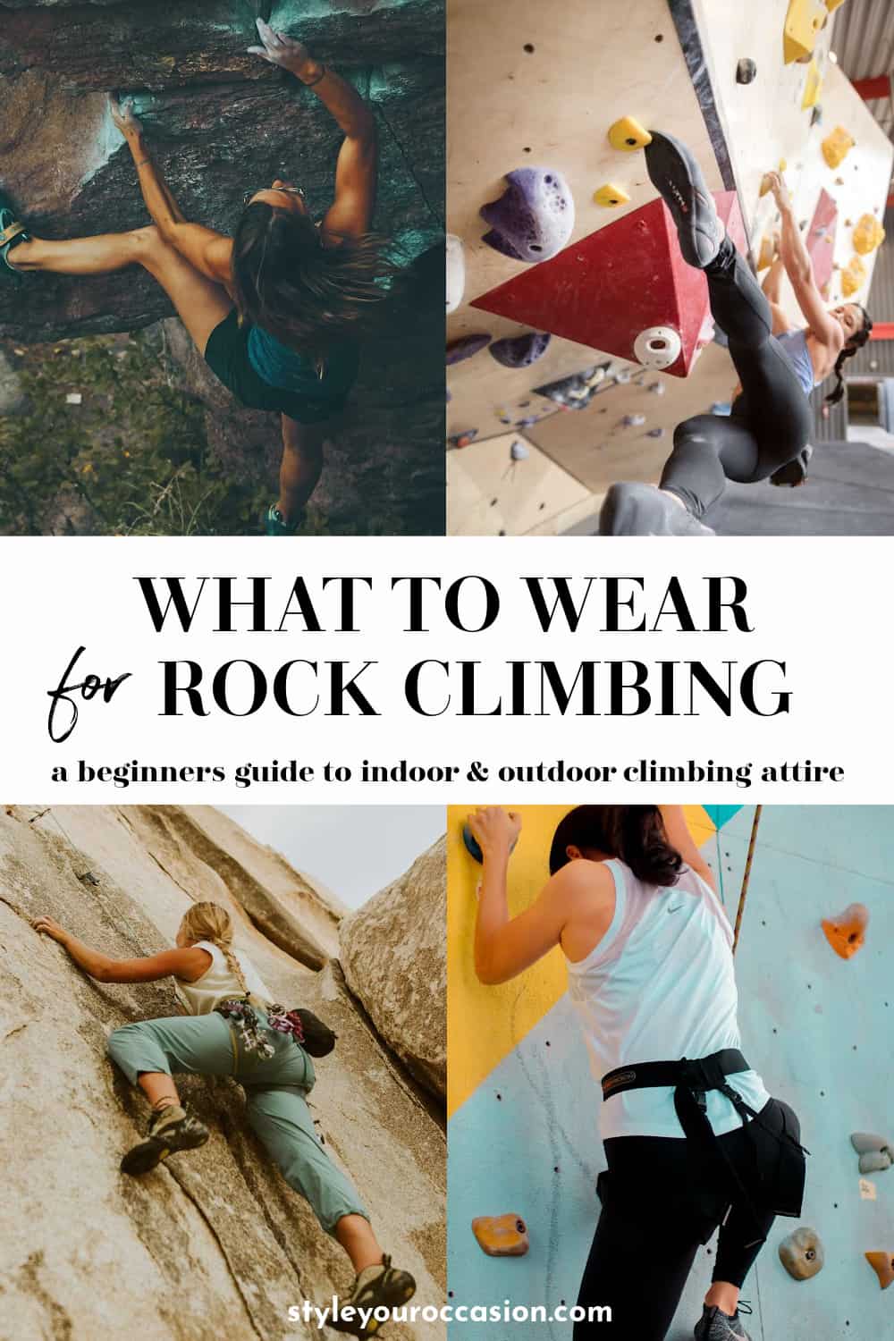 Collage of outfits to wear while rock climbing.