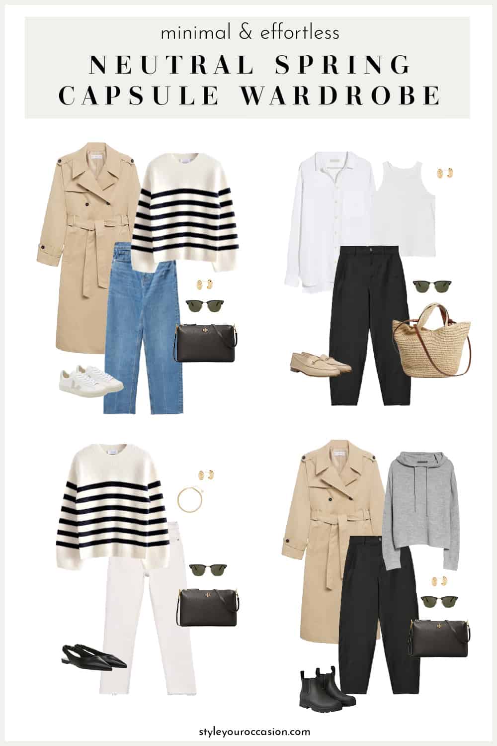 Collage of neutral spring clothing and accessories
