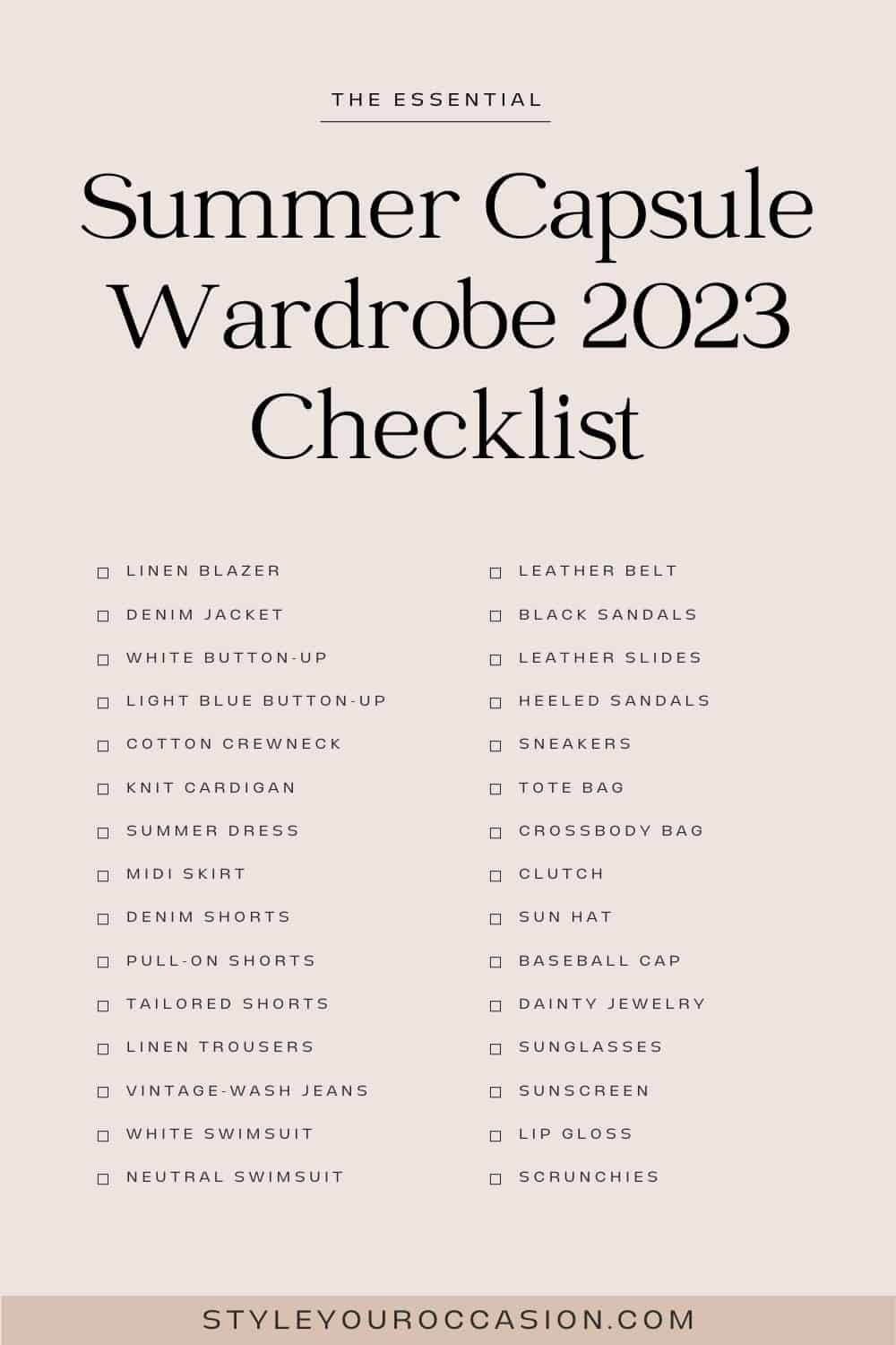 image of a summer capsule wardrobe 2023 itemized checklist