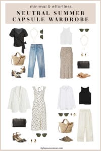 image of a collage of neutral and stylish clothing for women for a neutral, minimal summer capsule wardrobe