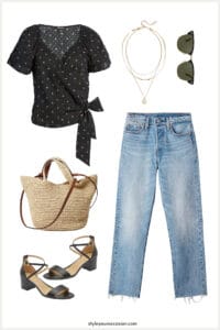 style mood board of an outfit with blue jeans, a black wrap t-shirt, woven tote bag, and black heeled sandals