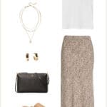 image of a style moos board with a leopard midi skirt, white tank top, brown sandals, black purse, and gold jewelry