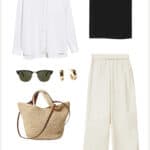 image of a style mood board of an outfit with cream pants, a black tank top, a white button up shirt, and a woven tote bag
