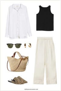 image of a style mood board of an outfit with cream pants, a black tank top, a white button up shirt, and a woven tote bag