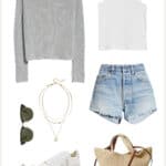 image of an outfit style board with blue denim shorts, grey sweater, white tank top, sneakers, and a woven tote bag