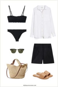 image of an outfit style mood board with a black bikini, white button up shirt, black shorts, sunglasses, brown sandals, and a woven tote bag