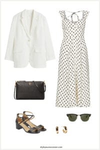 image of an outfit style mood board with a summer polka dot dress, linen white blazer, black purse, heeled sandals, and sunglasses