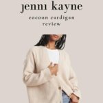 Pinterest image with text "an honest Jenni Kayne cocoon cardigan review" with a woman wearing a beige cashmere cardigan