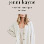 Pinterest image with text "an honest Jenni Kayne cocoon cardigan review" with a woman wearing an ivory cashmere cardigan