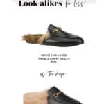 image of gucci fur-lined loafers compared to a look-alike at a lower price
