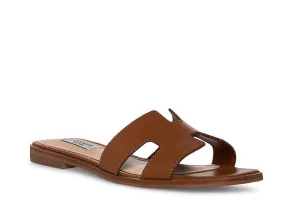 image of a brown slide sandal with H cut-out design