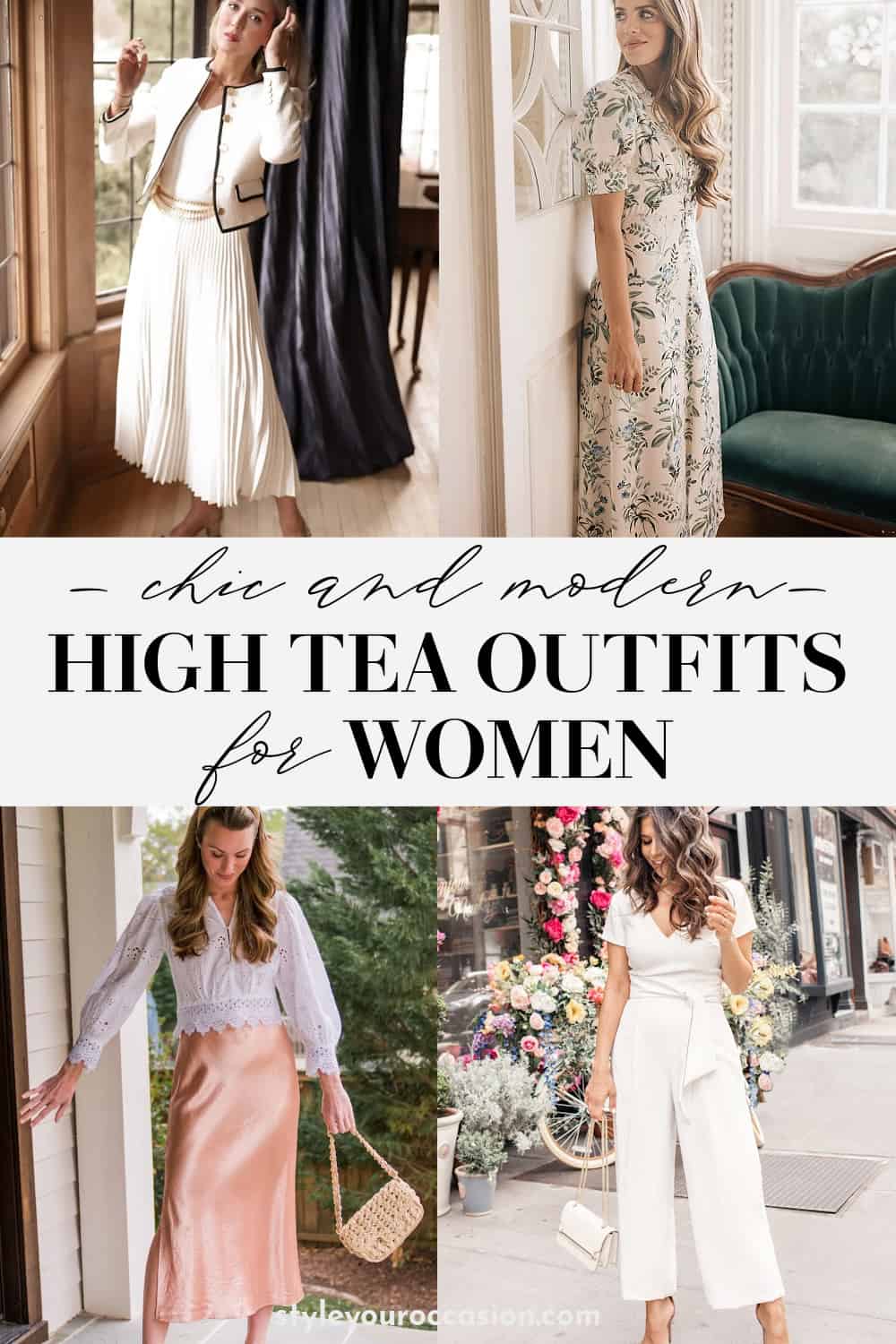 collage of modern and classy outfits for high tea for women