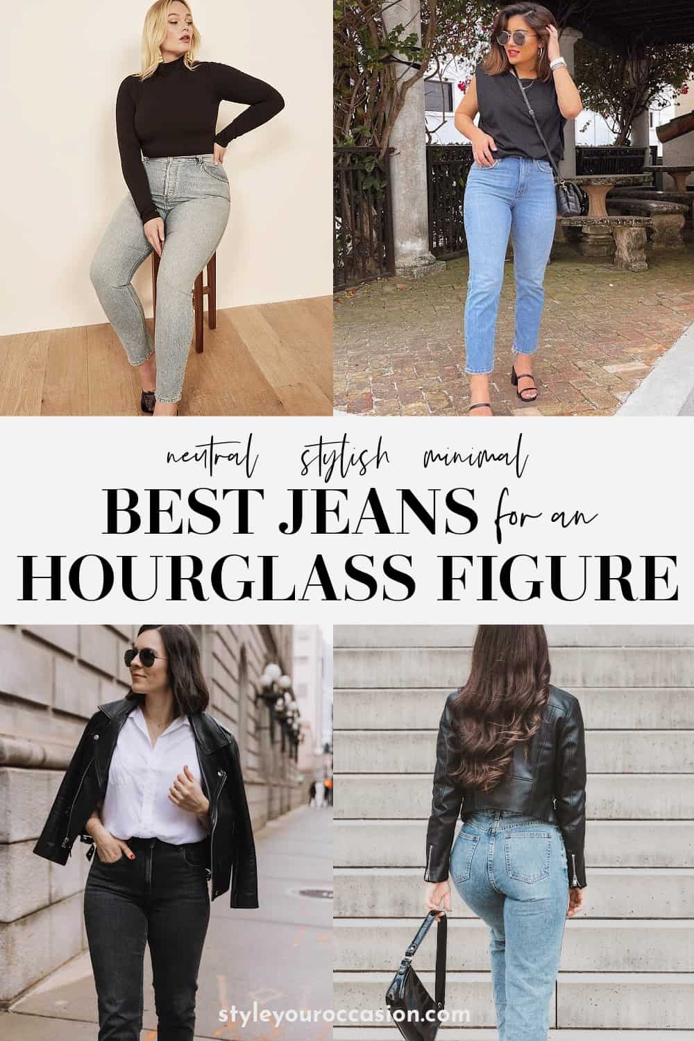 Outfit collage of best jeans to wear for an hourglass figure.