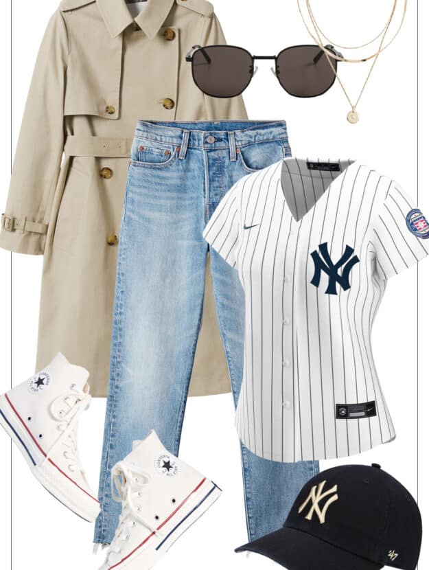 image of an outfit moldboard with trench coat, baseball jersey, pair of jeans, high top sneakers, and a baseball hat