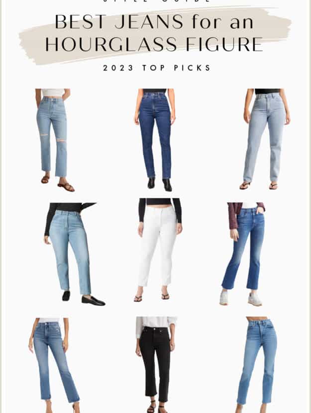Pinterest collage of nine women wearing the best styles of jeans for an hourglass figure