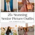 collage of four images with young women wearing stylish senior photo outfits for senior pictures