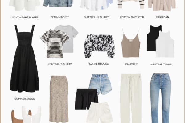 image of a minimalist summer capsule wardrobe for 2023 with neutral tops, linen and denim shorts, a summer dress, midi skirt, swimsuits, sandals, sneakers, a straw bag, crossbody and other accessories