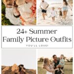collage of four summer family photo outfit ideas with neutrals, pops of color, and summer florals