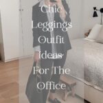 woman wearing a business casual outfit with black leggings, a blue striped button up shirt, a black blazer, and black Gucci loafers with text overlay "chic leggings outfit ideas for the office"