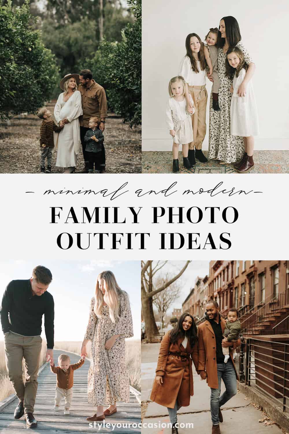 collage of different family photo outfit combinations 