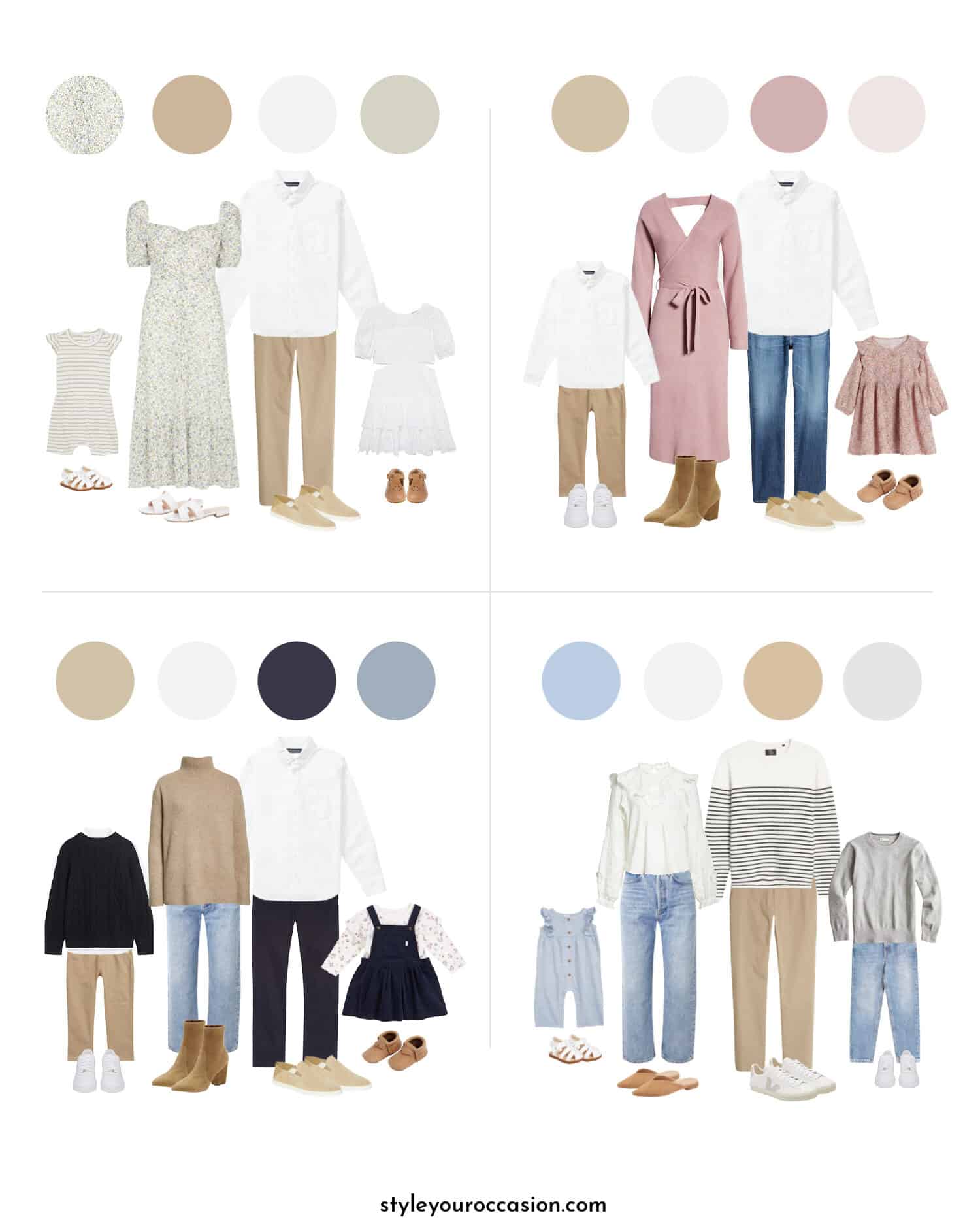 collage of different family photo outfit combinations and color palettes