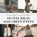 collage of women wearing outfits with green pants