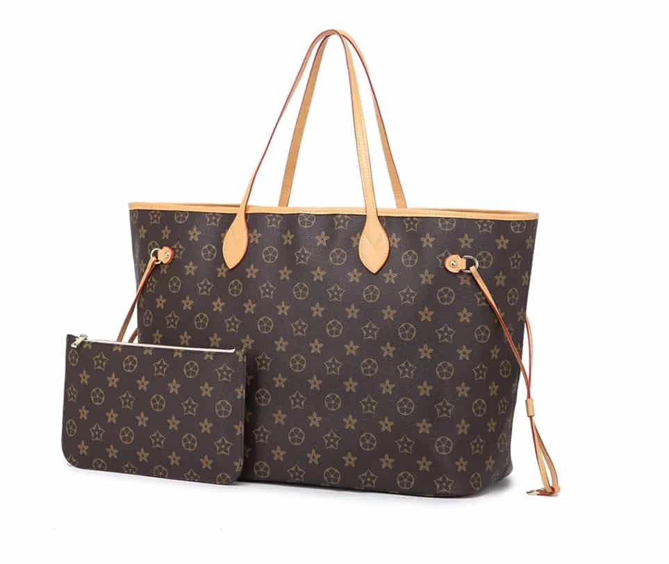 image of a brown tote bag with monogram pattern and light brown handles