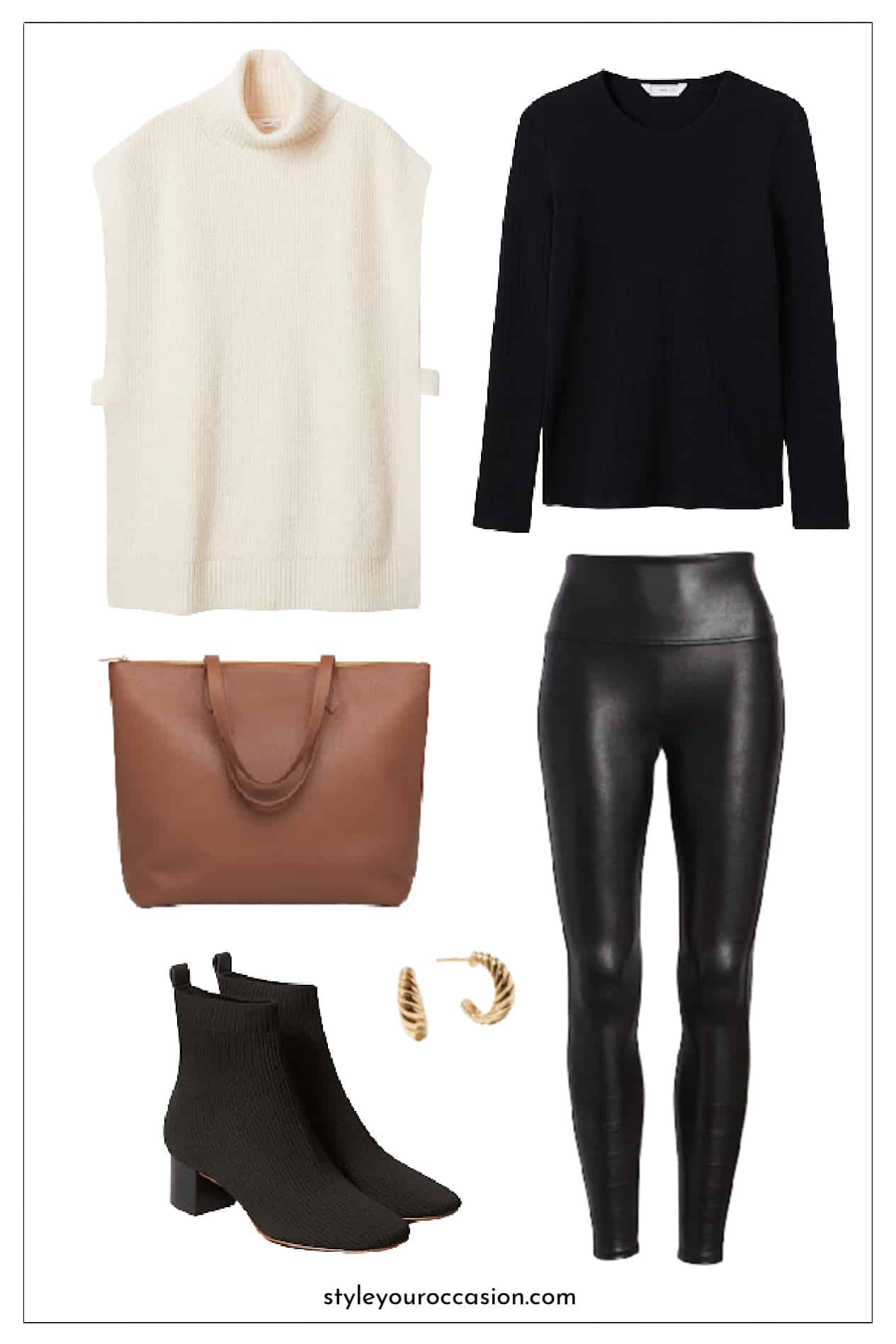 Collage of business casual items to wear with leggings.