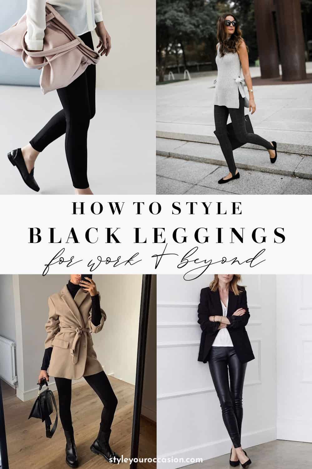 Collage of business casual items to wear with leggings.