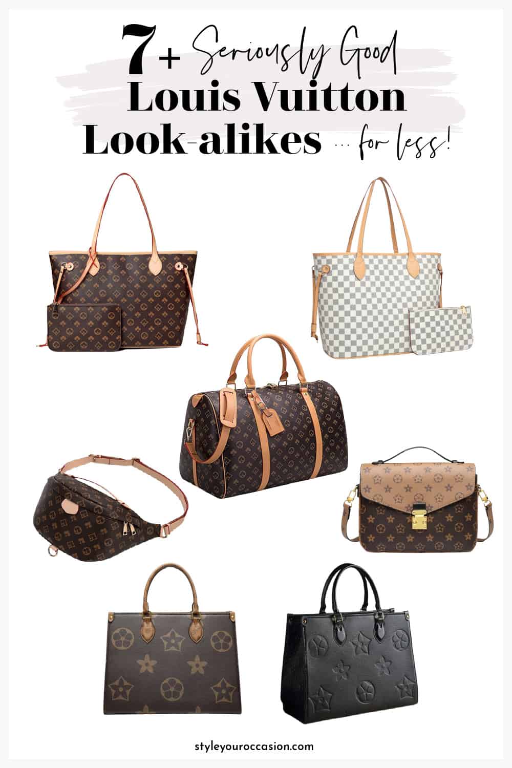 image with a selection of handbags that are Louis Vuitton dupes