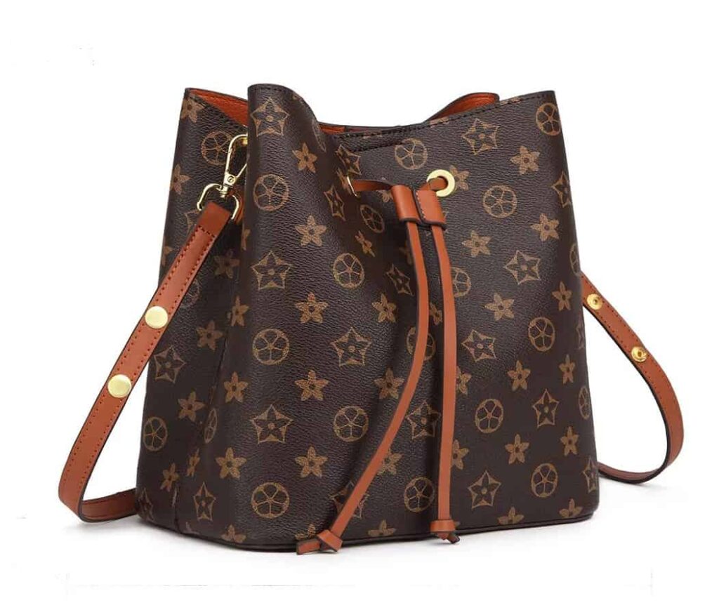 Image of a brown faux leather bucket bag with monogram pattern similar to Louis Vuitton