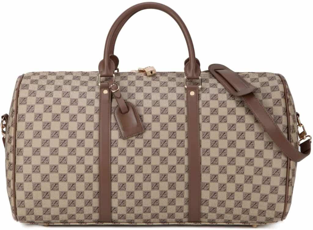 Image of a brown checkered monogram duffle bag with dark brown straps