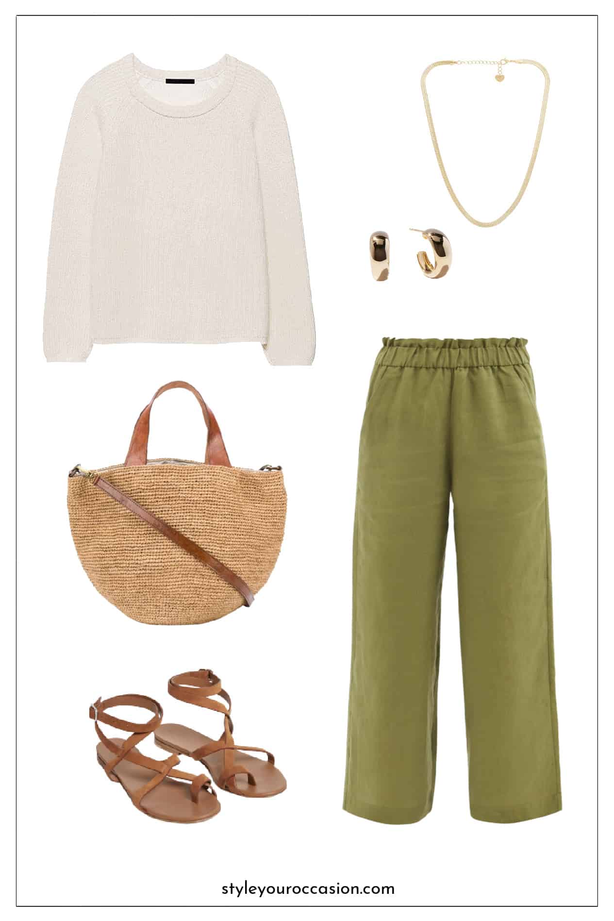 image of a style mood board with an outfit with green linen pants, an ivory sweater, gold jewelry, a straw bag, and brown leather sandals