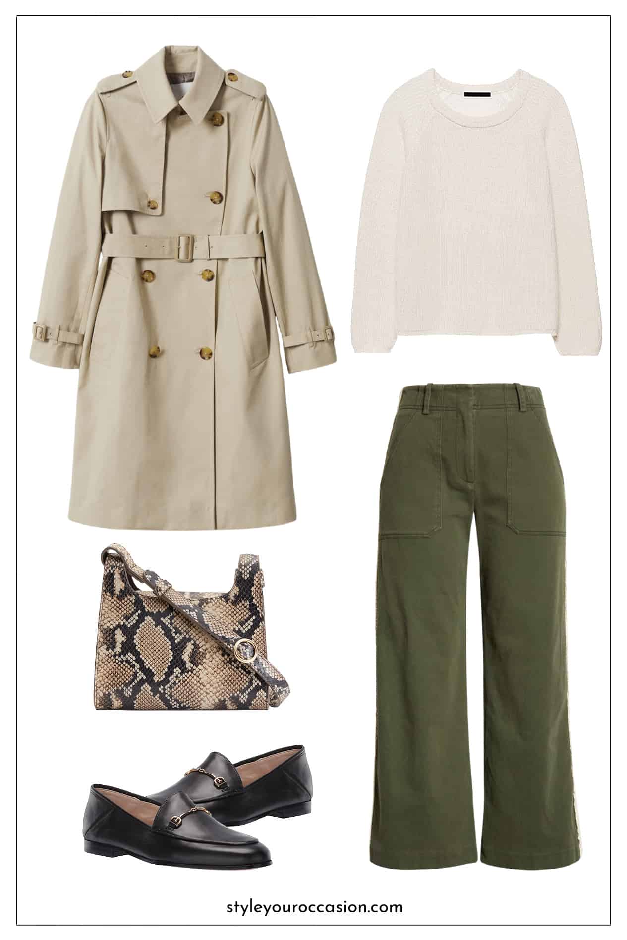 image of an outfit with green pants, a trench coat, ivory sweater, snake print bag, and black loafers