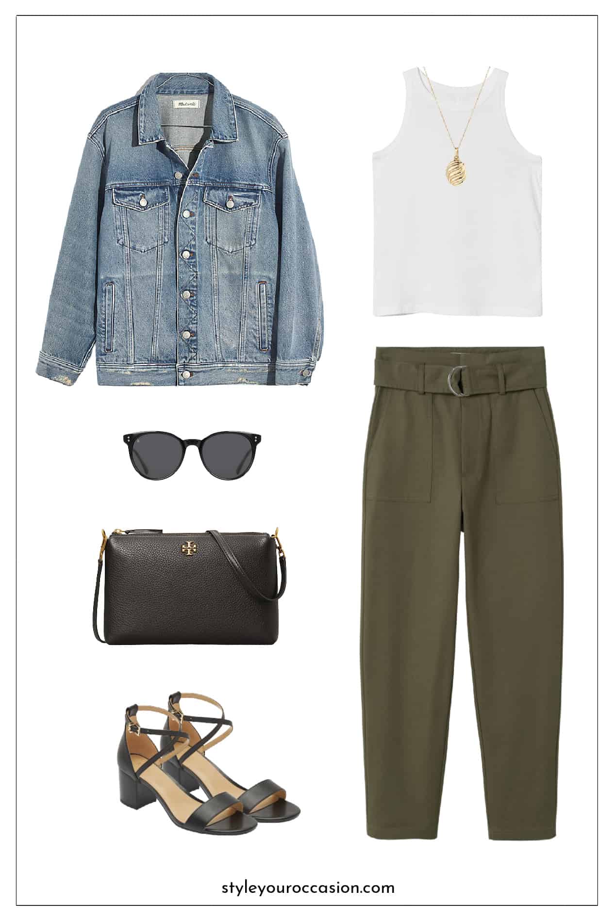 image of a style mood board with an outfit with green pants, black heeled sandals, a black purse, sunglasses, a white tank top, gold necklace, and a denim jacket