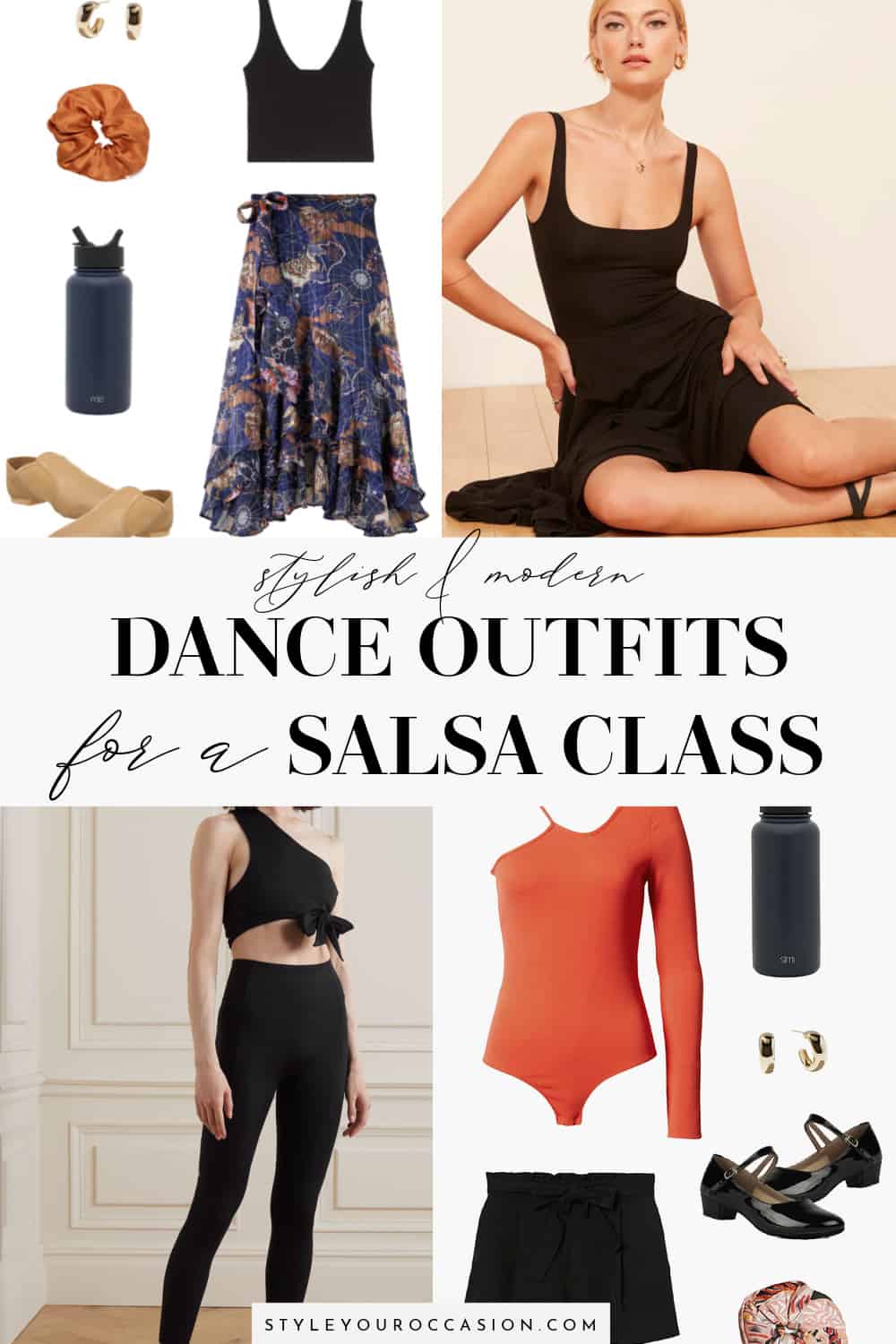 image of a collage of outfits for what to wear to a salsa dance class
