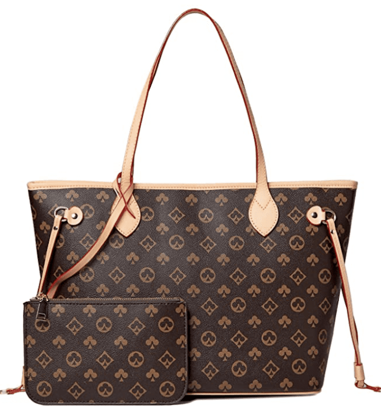 image of a brown tote bag with a floral monogram pattern that looks similar to a Louis Vuitton bag