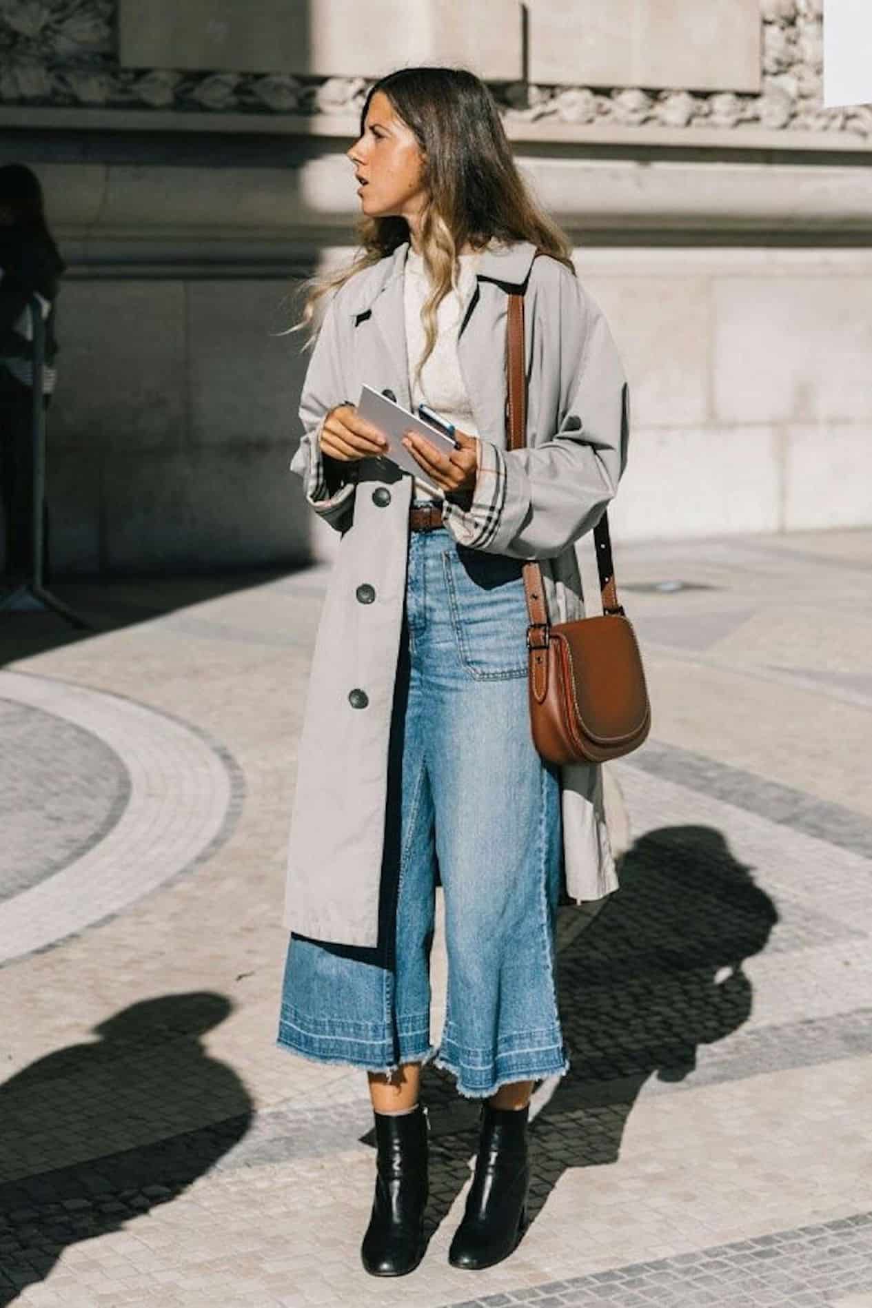 Image of a woman wearing cropped wide leg jeans, ankle boots and an over coat.