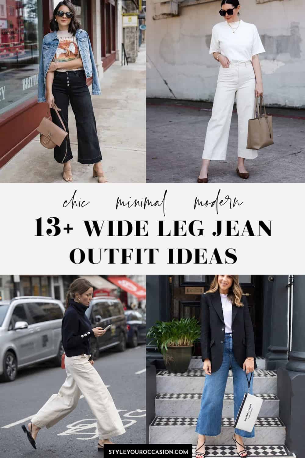 collage of images of women in chic outfits with wide leg jeans