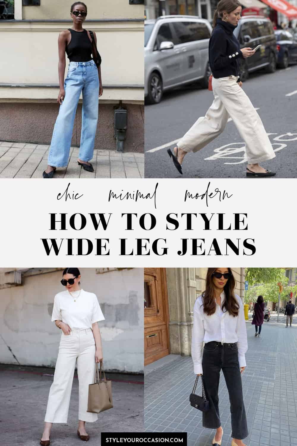 collage of images of women in chic neutral outfits with wide leg jeans