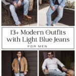 collage of a man wearing four different outfits with light blue jeans