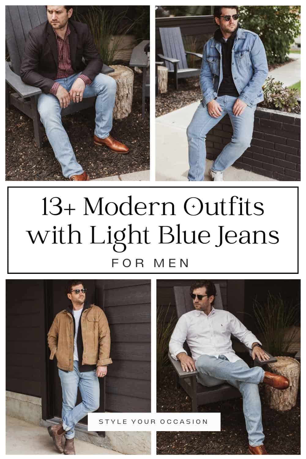 collage of a man wearing four different outfits with light blue jeans