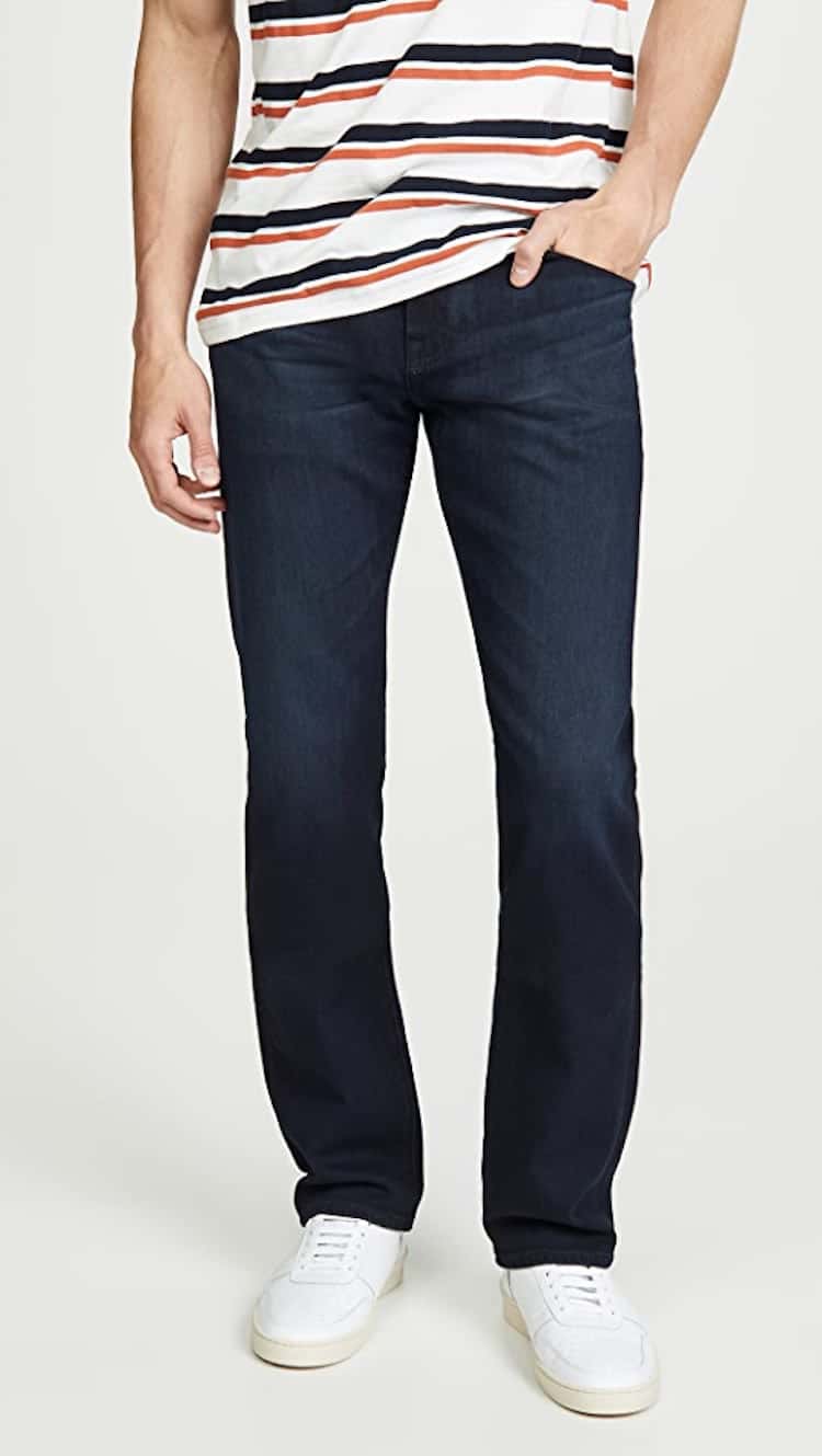 image of a man from the waist down in dark blue bootcut jeans