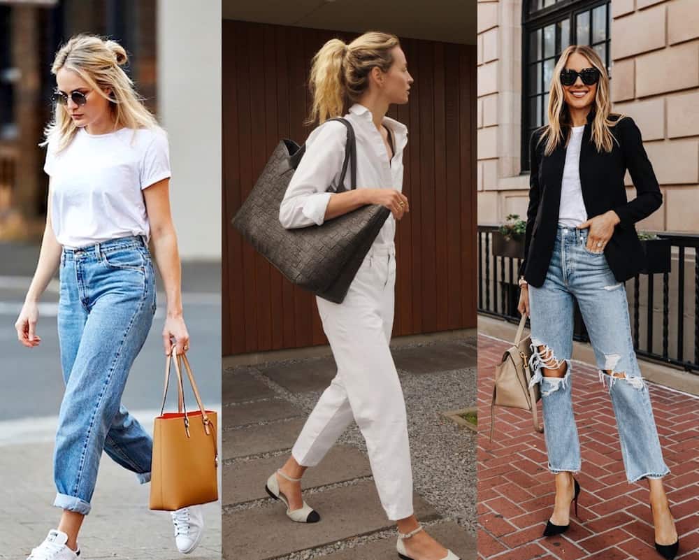 collage of women in boyfriend jeans outfits