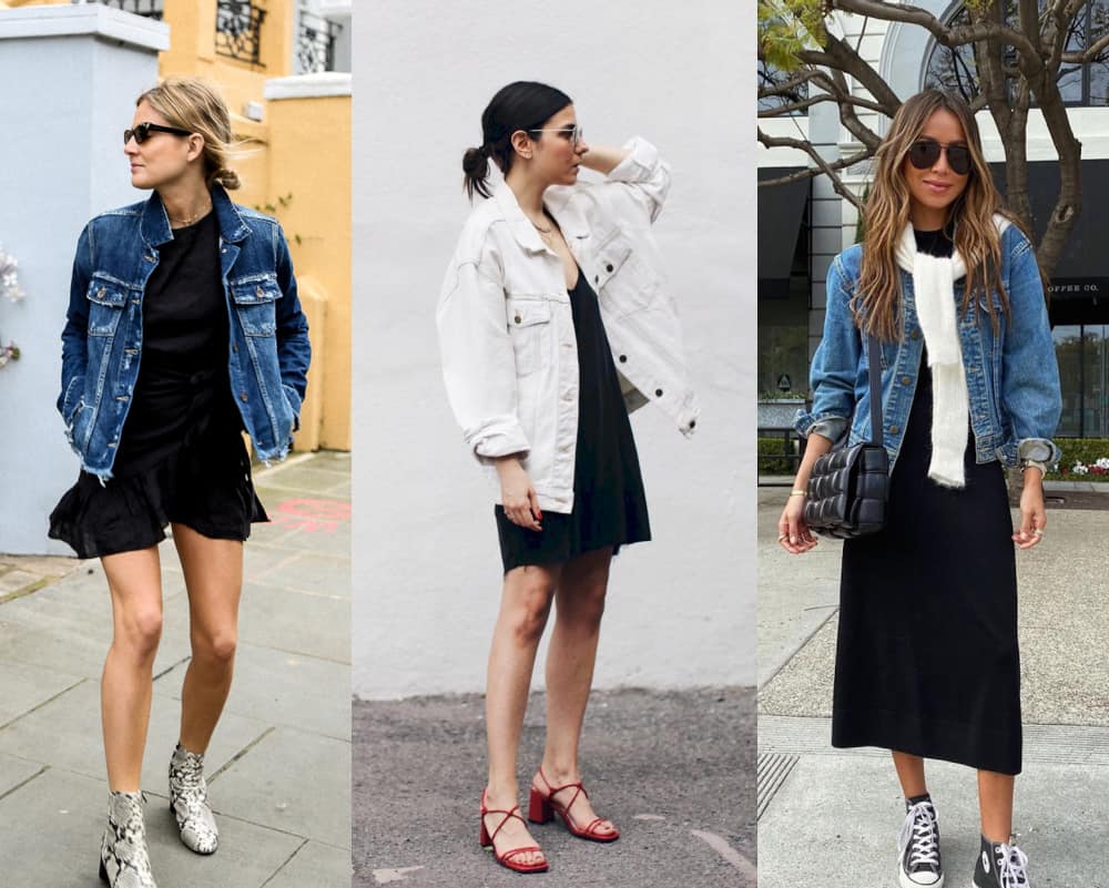 collage of three images of women wearing black dresses and jean jackets