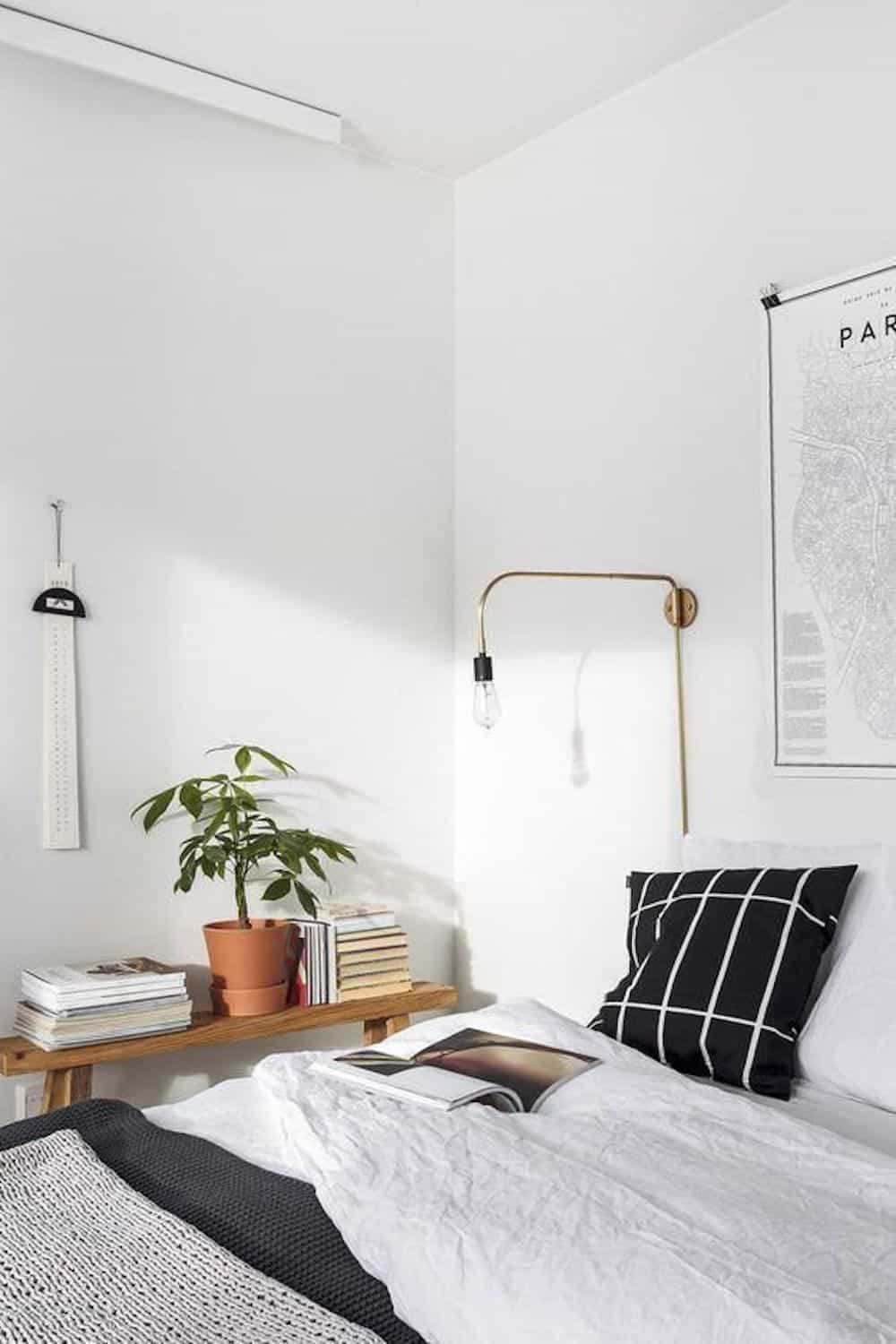 image of a white clean bedroom with minimalist decor and a plant