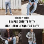 collage of images of a man wearing outfits with light blue jeans