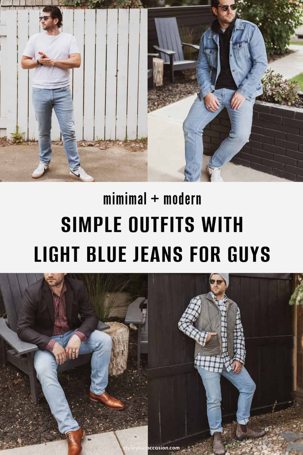 collage of images of a man wearing outfits with light blue jeans