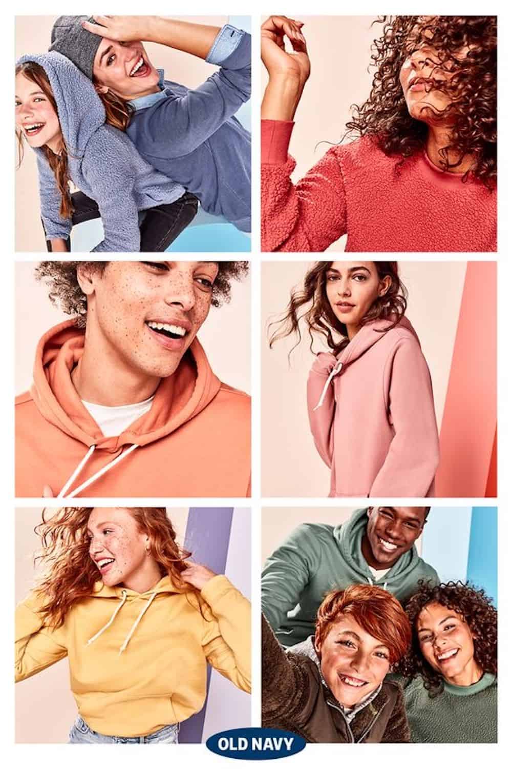 collage of images of young teens and adults wearing brightly colored clothing from Old Navy