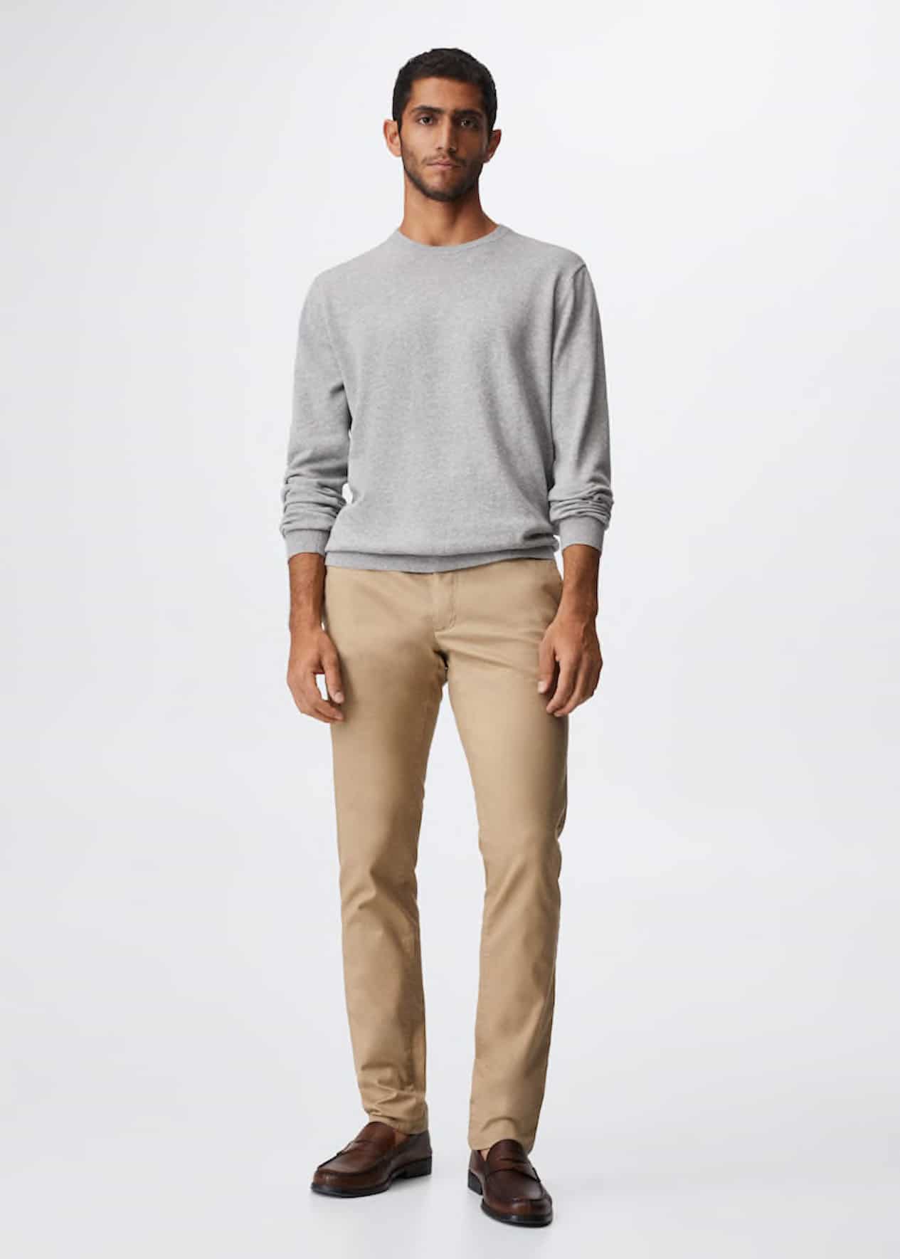 image of a man wearing a grey sweater, khaki pants, and brown shoes
